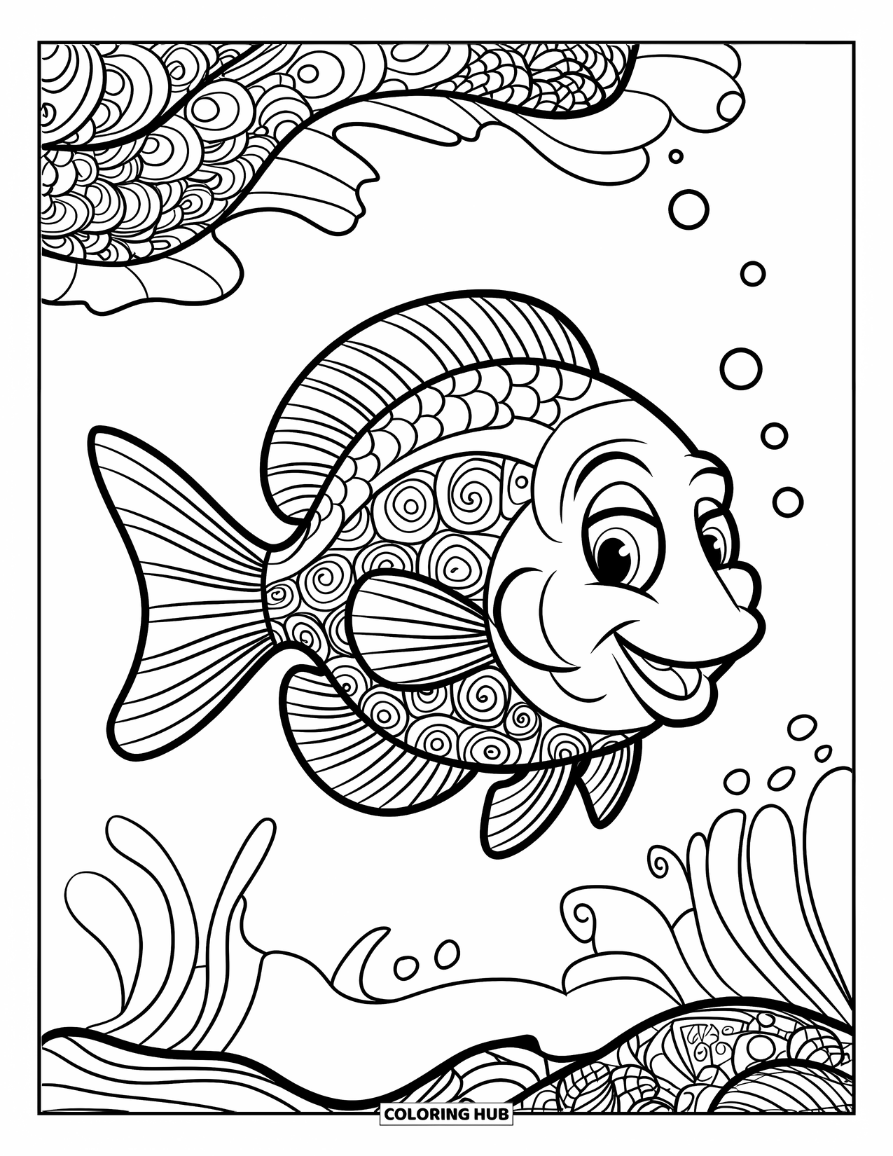 Zentangle Coloring Page for Kids: A big smiling fish with patterned fins swims in a playful zentangle world