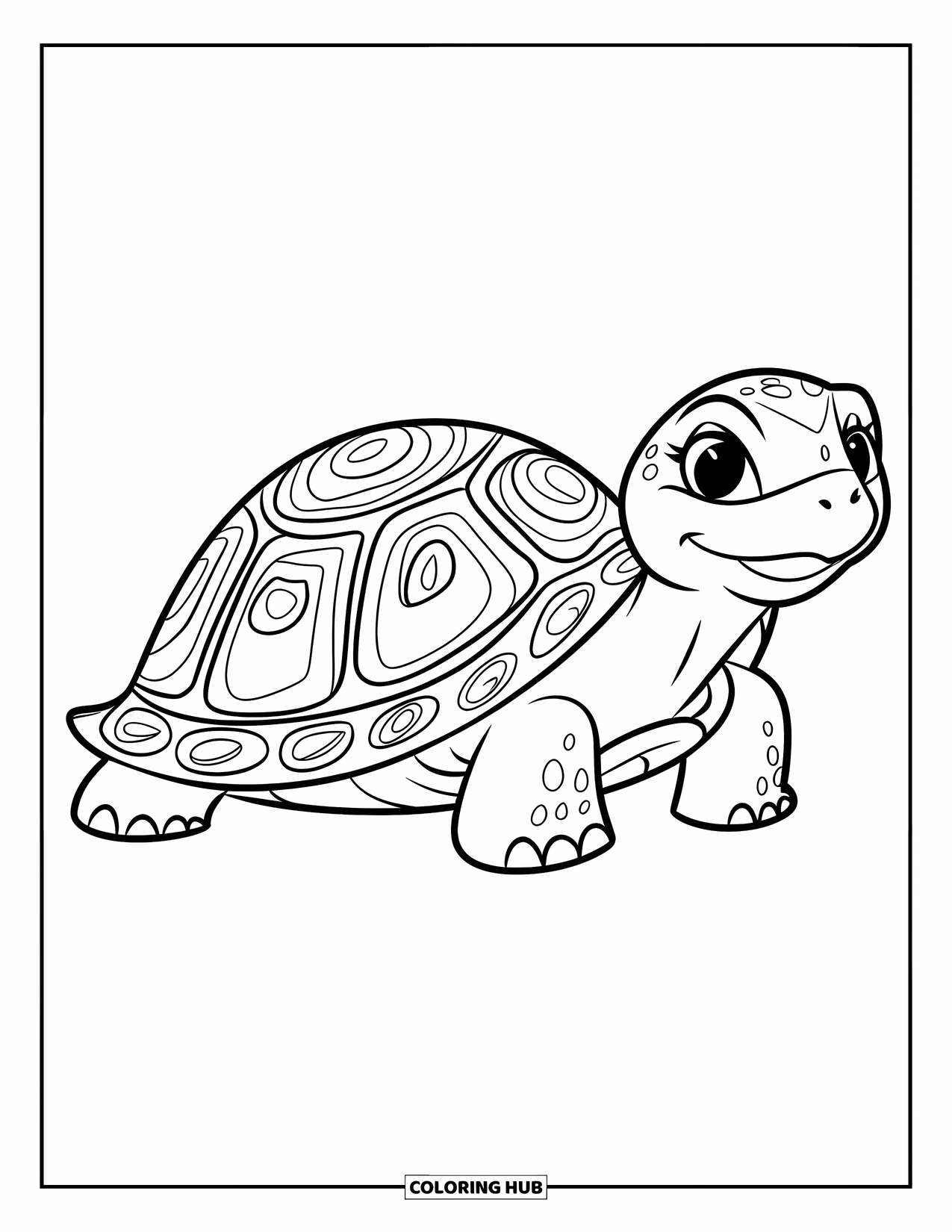 Zentangle Coloring Page for Kids: A big turtle with a patterned shell rests happily on a lily pad