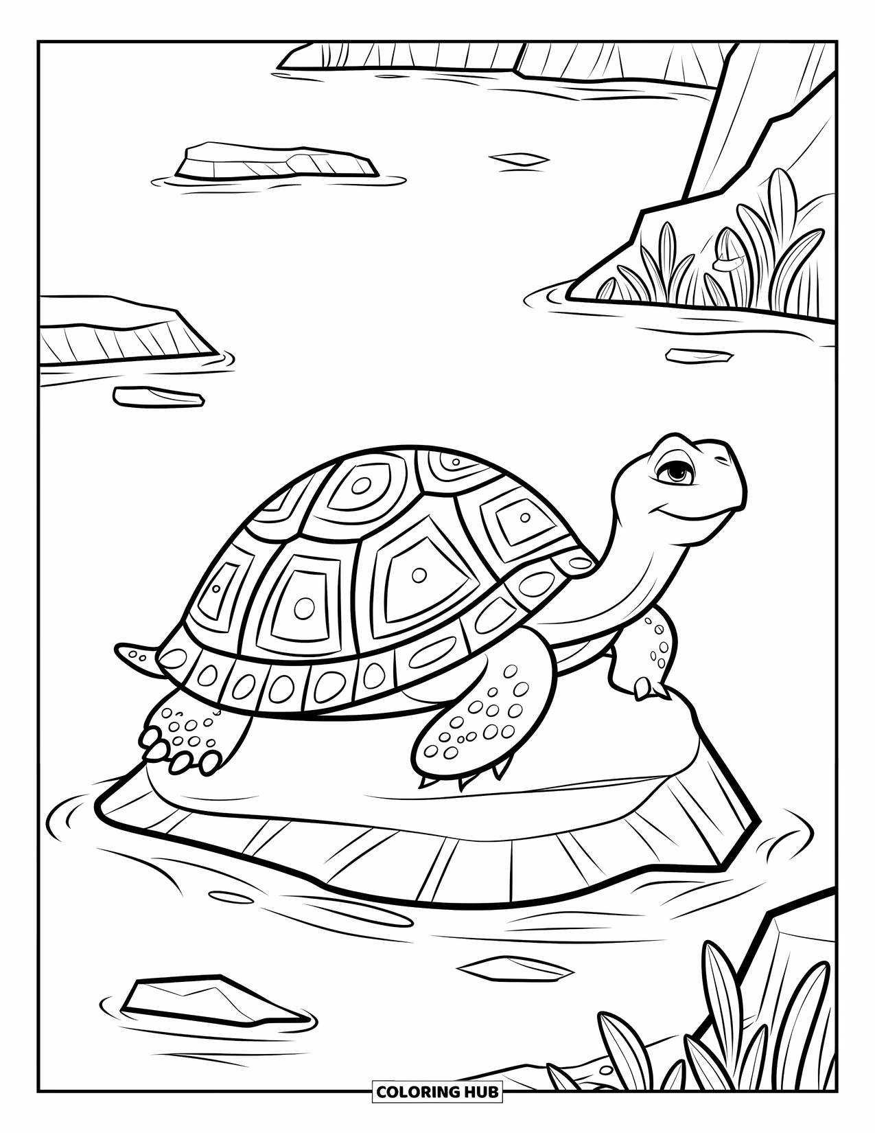 Zentangle Coloring Page for Kids: A big turtle with dotted shell sits on a rock in quiet waters