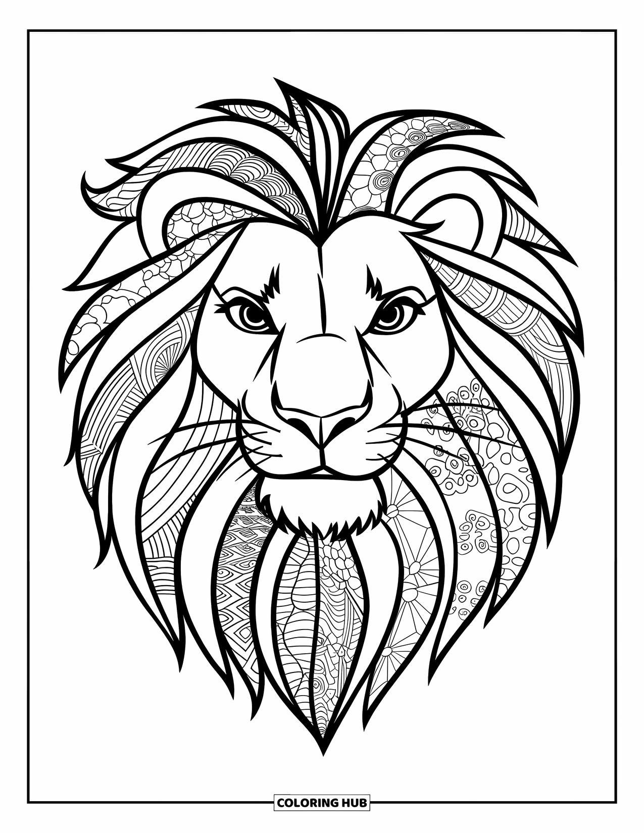 Zentangle Coloring Page for Kids: A bold, wavy lion's mane takes center stage with clean patterns