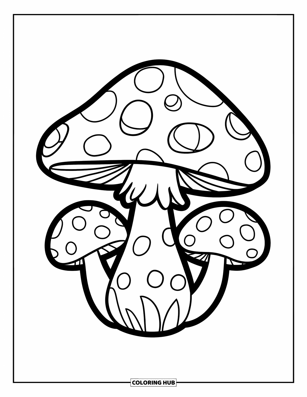 Zentangle Coloring Page for Kids: A bumpy mushroom with big polka dots stands proudly in the center
