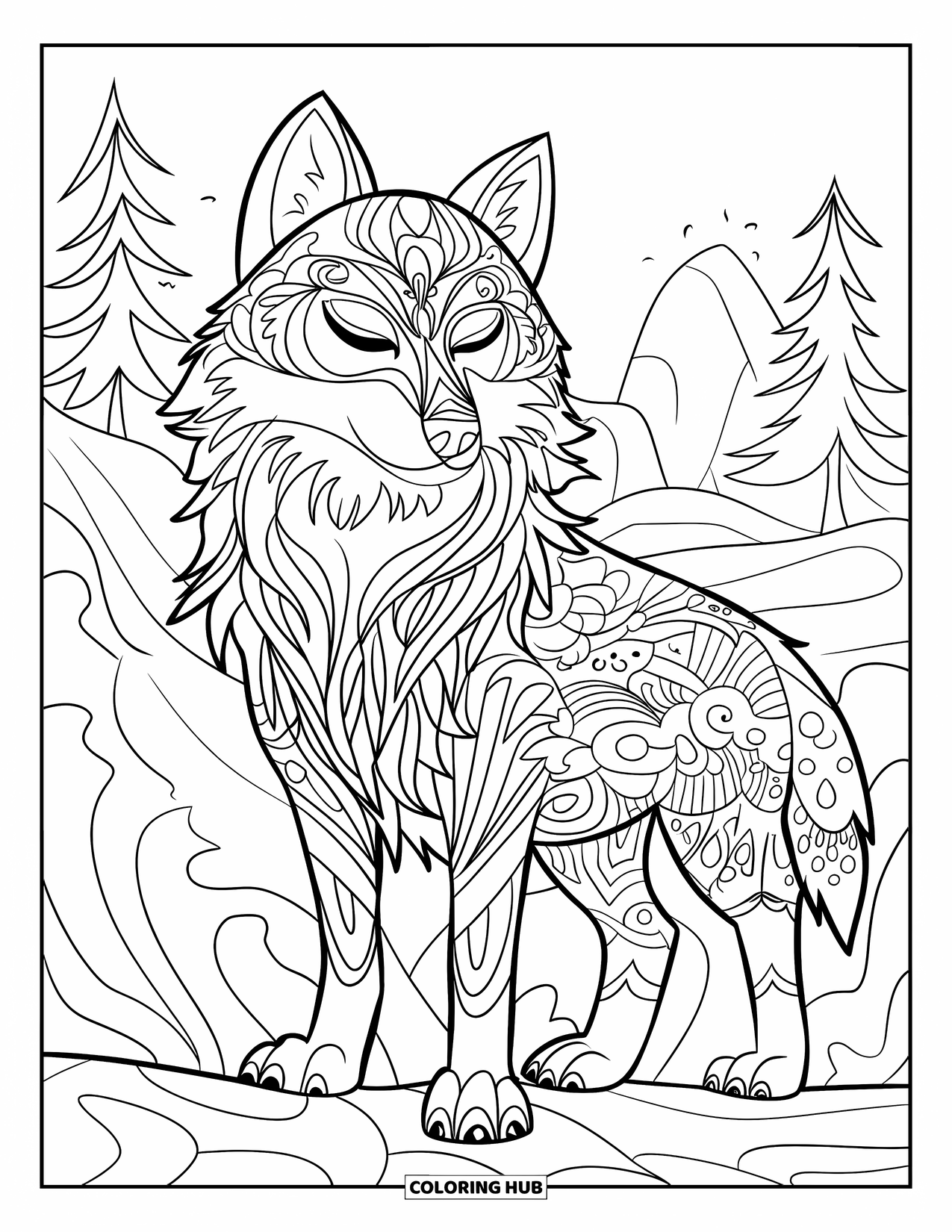 Zentangle Coloring Page for Kids: A calm wolf with closed eyes stands surrounded by nature and patterns
