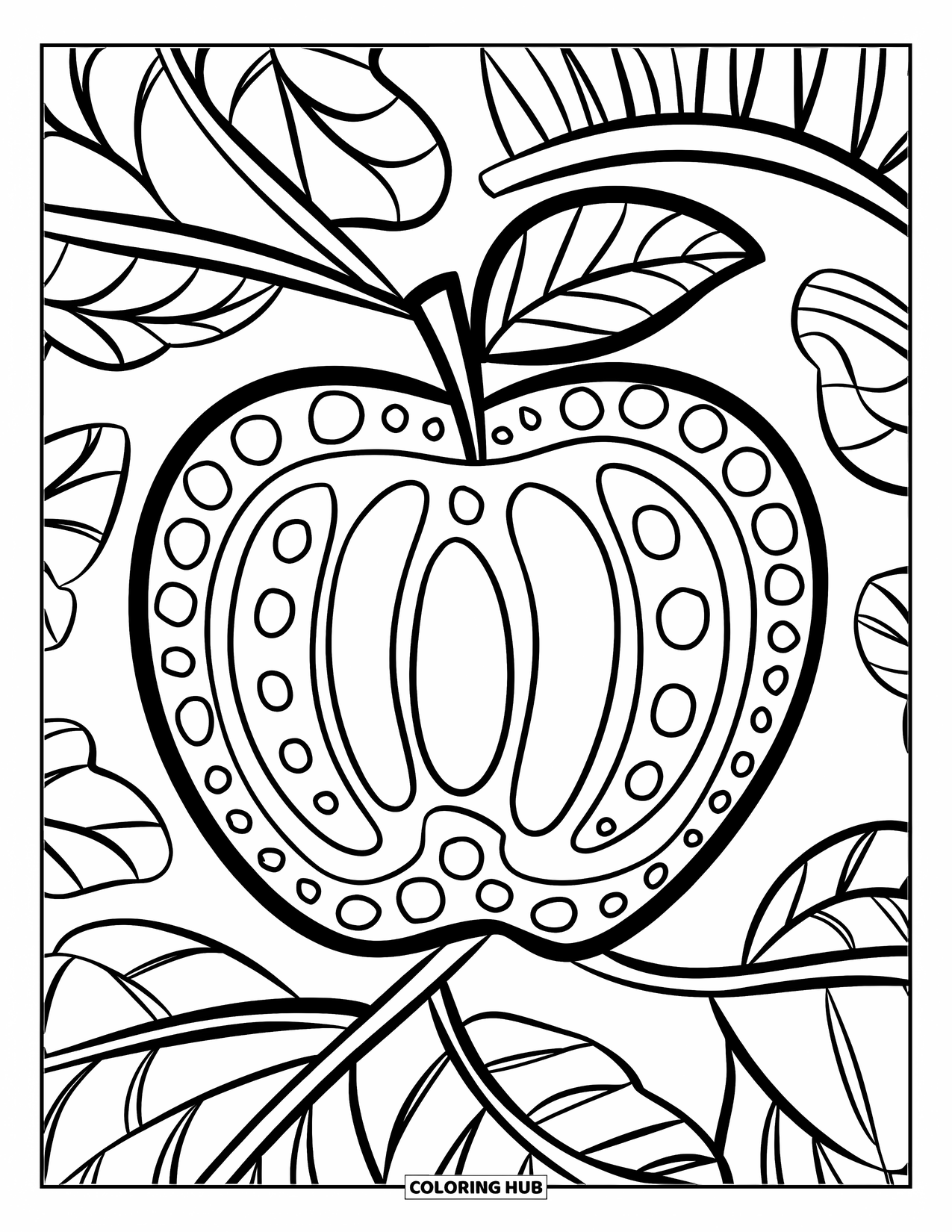 Zentangle Coloring Page for Kids: A cheerful apple with bold patterns rests on a leafy branch