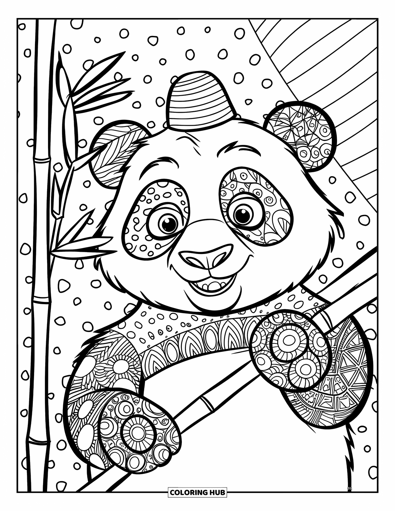Zentangle Coloring Page for Kids: A cheerful panda in a hat hugs bamboo with dotted and striped designs