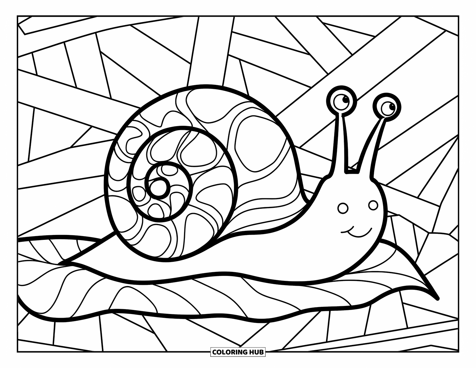 Zentangle Coloring Page for Kids: A chunky snail rests on a leaf with patterned lines behind it