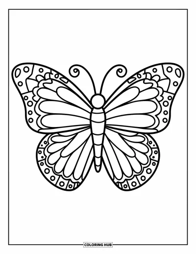 Zentangle-fargeleggingsark for barn: En søt sommerfugl flakser med lekne vinger og enkle zentangle-former