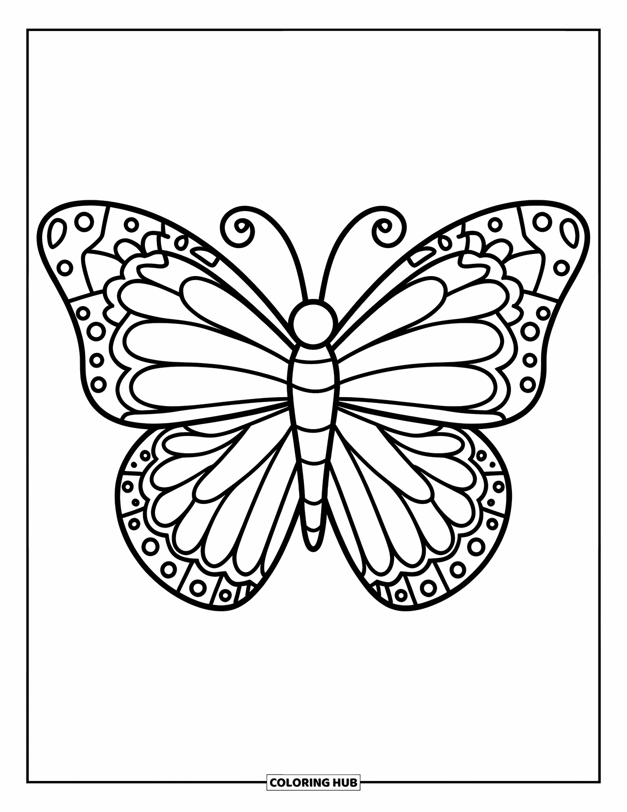 Zentangle Coloring Page for Kids: A cute butterfly flutters with playful wings and simple zentangle shapes