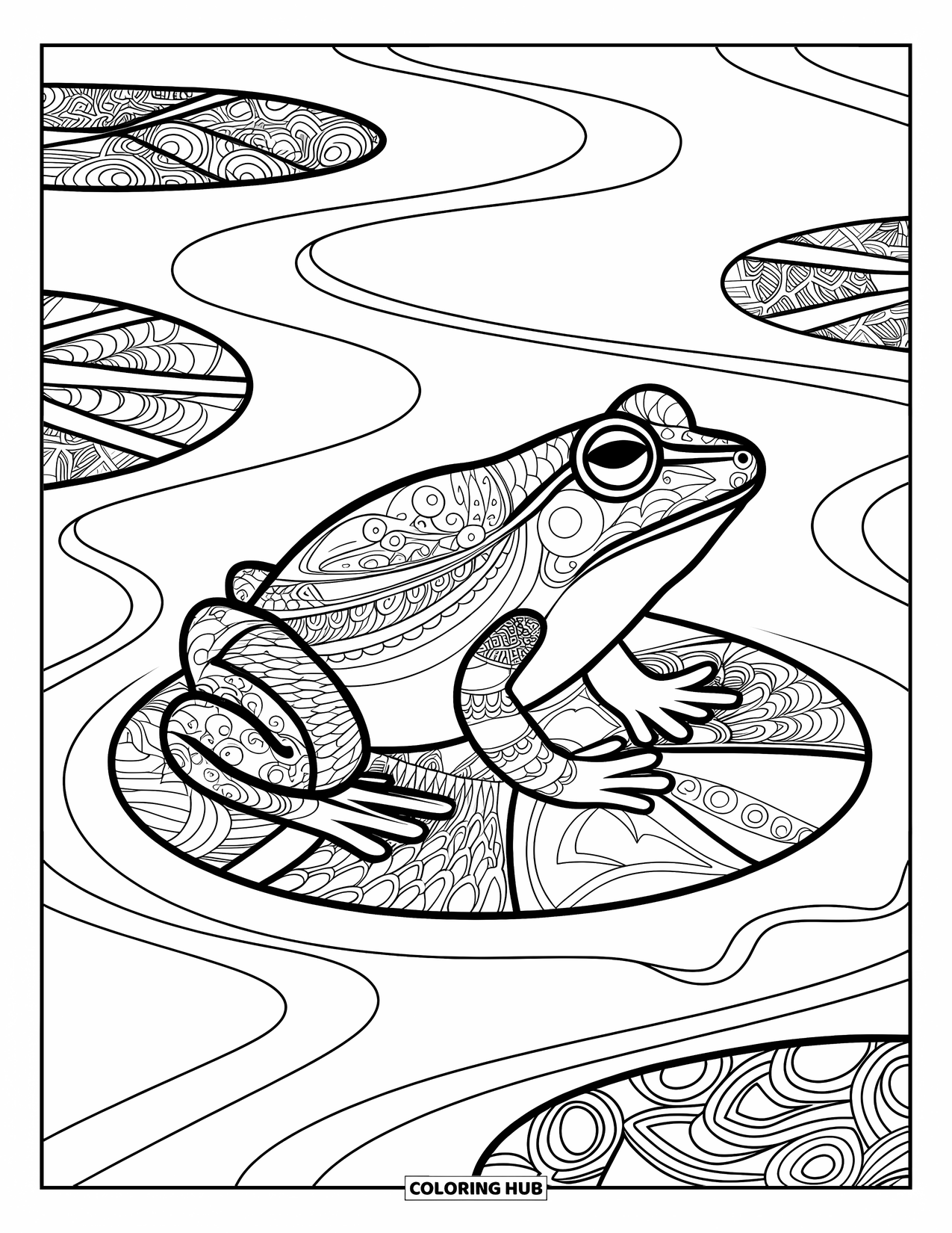 Zentangle Coloring Page for Kids: A detailed frog lounges on a patterned lily pad with swirling water lines