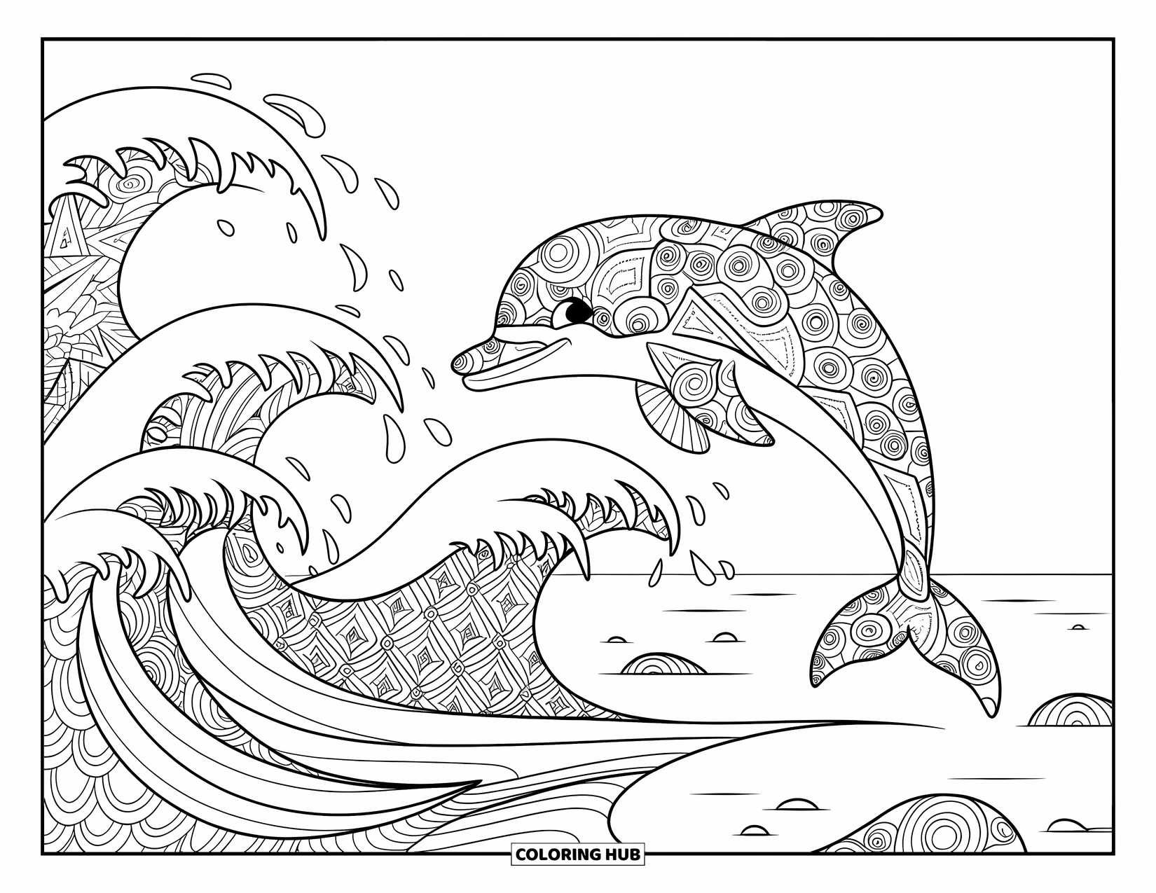 Zentangle Coloring Page for Kids: A dolphin leaps from swirly patterned waves with playful energy