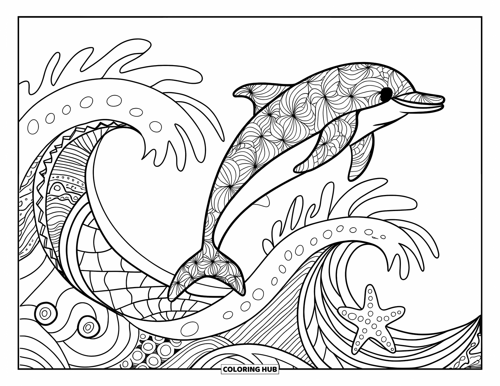 Zentangle Coloring Page for Kids: A dolphin splashes from patterned waves with a tiny starfish below