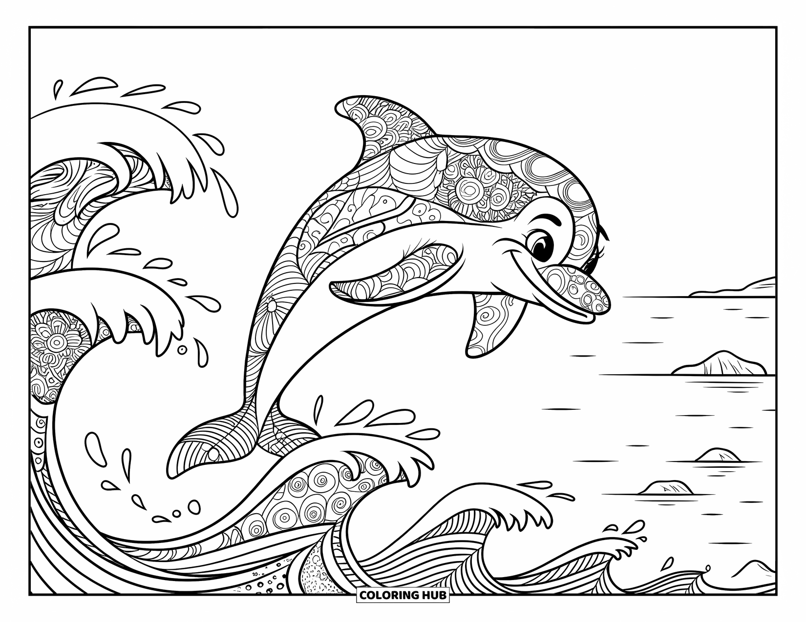 Zentangle Coloring Page for Kids: A dolphin with a friendly face leaps over zentangle sea waves