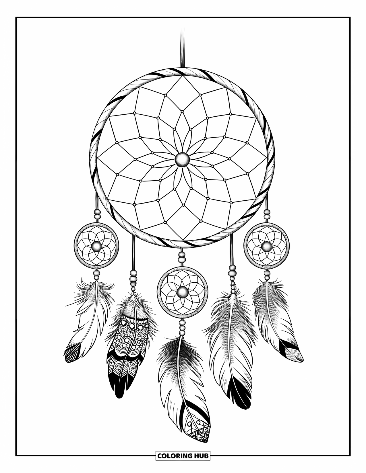 Zentangle Coloring Page for Kids: A dreamy pattern-filled dreamcatcher hangs from a wooden frame