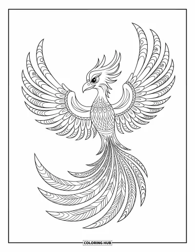 Zentangle-fargeleggingsark for barn: En flyvende føniks sprer de mønstrete vingene i flammelignenede former