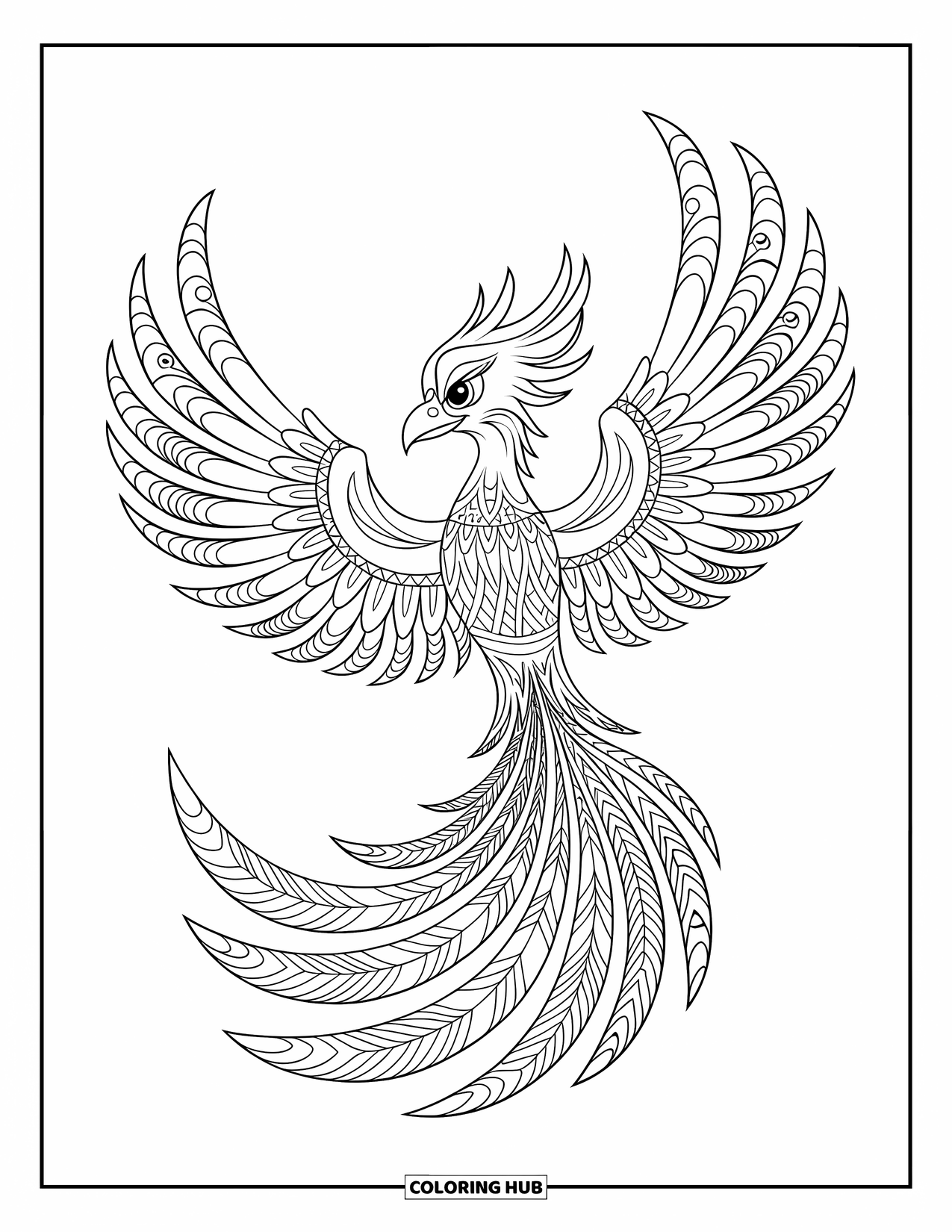 Zentangle Coloring Page for Kids: A flying phoenix spreads its patterned wings in flame-like shapes