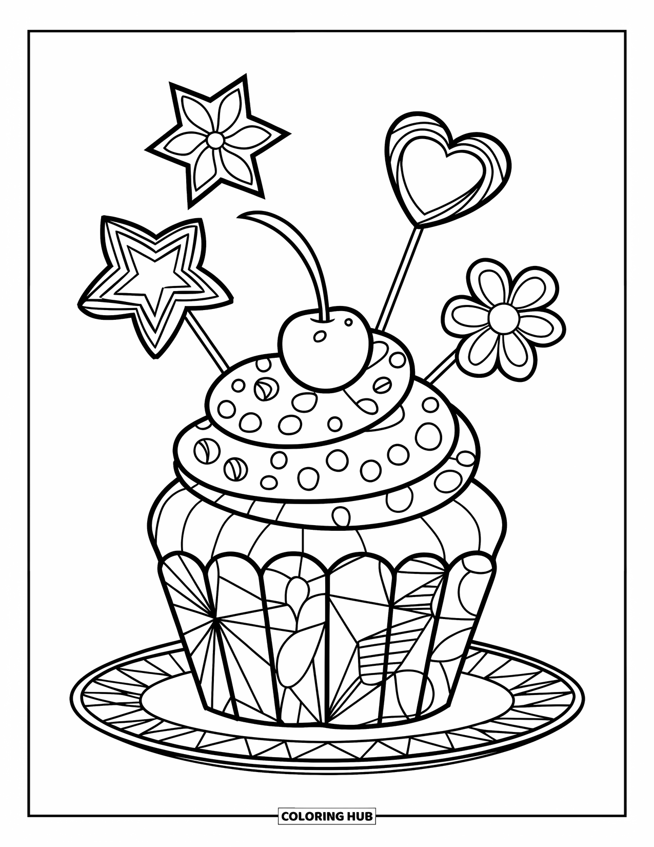Zentangle Coloring Page for Kids: A fun cupcake with star and heart toppings sits happily on a plate