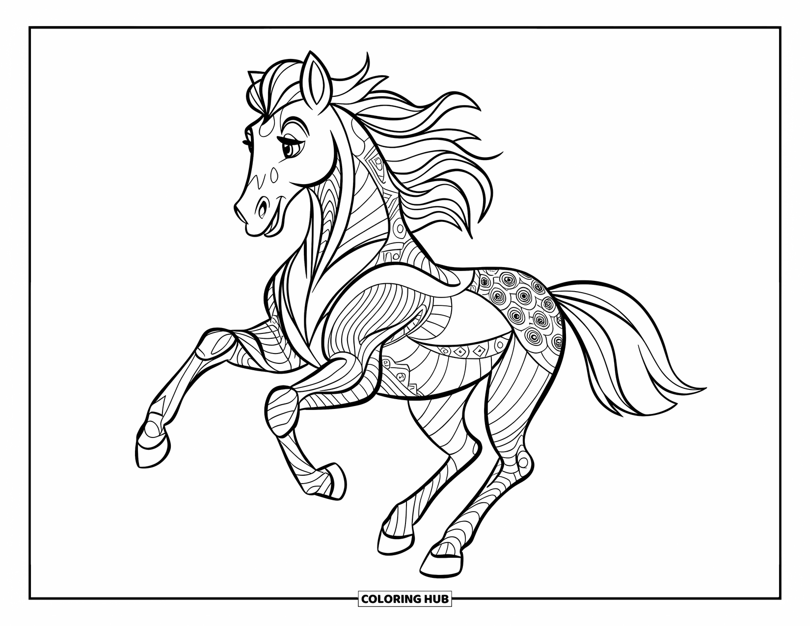 Zentangle Coloring Page for Kids: A galloping horse with a flowing mane shows off bold patterns and motion