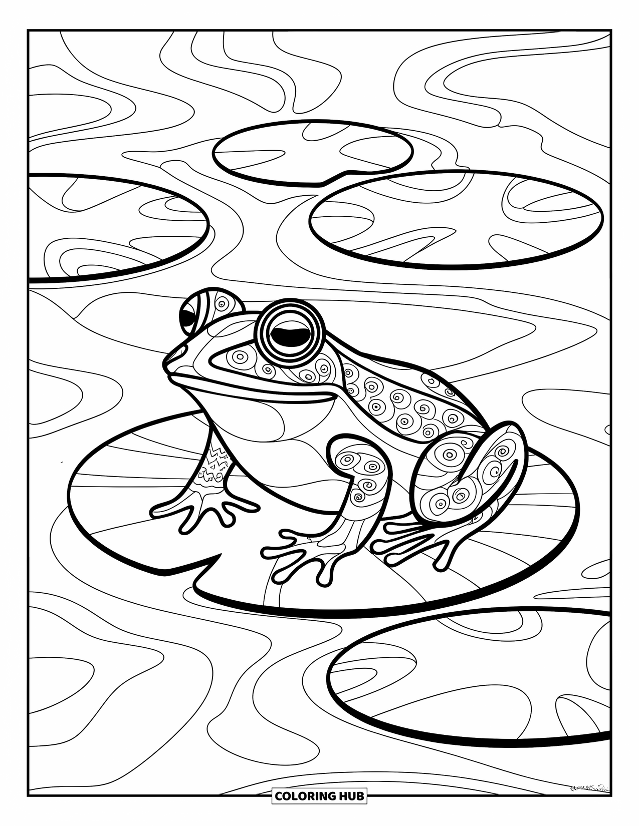 Zentangle Coloring Page for Kids: A grinning frog with big eyes sits on a lily pad with circular ripples