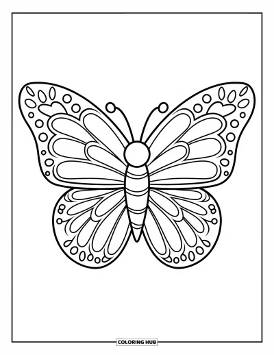 Zentangle-fargeleggingsark for barn: En glad sommerfugl med sjarmerende vinger svever i et lyst og åpent rom
