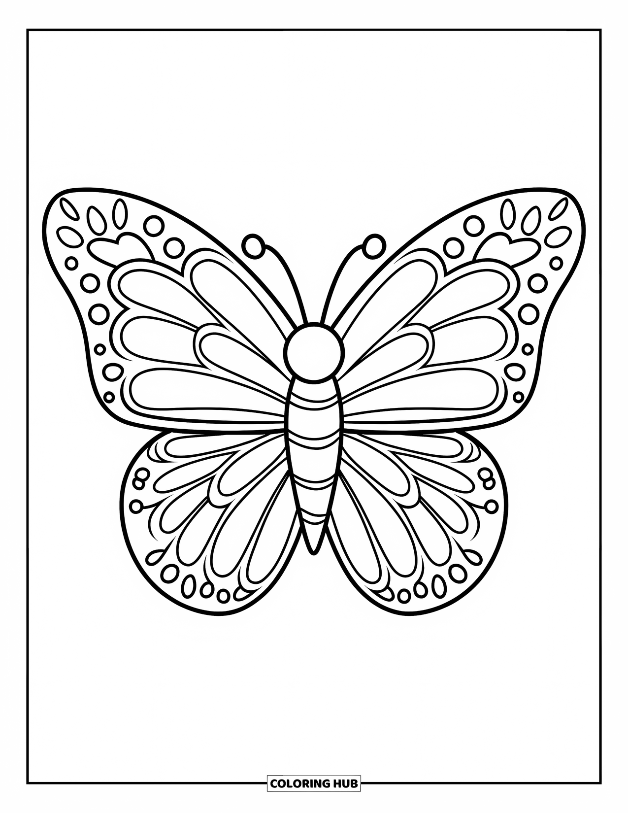 Zentangle Coloring Page for Kids: A happy butterfly with adorable wings floats in a bright, open space