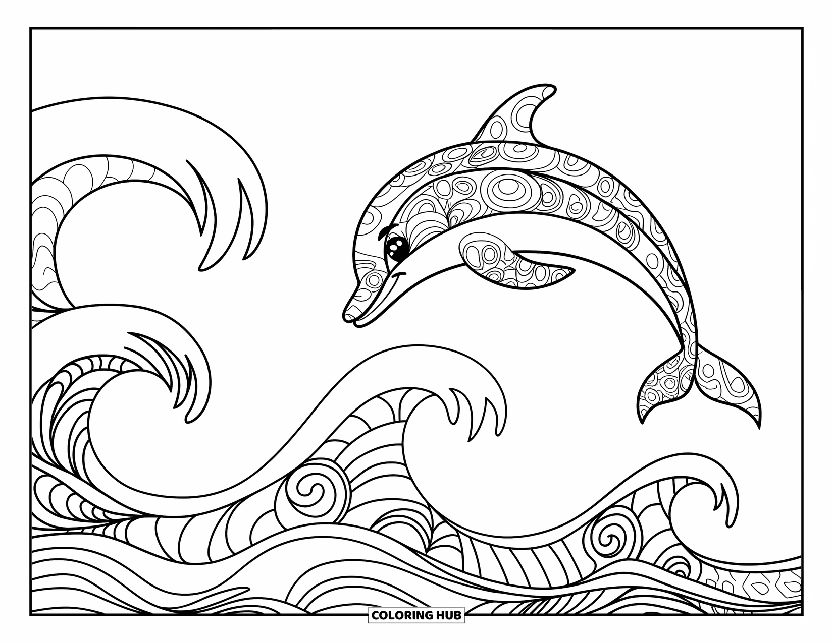 Zentangle Coloring Page for Kids: A happy dolphin jumps from the sea, surrounded by patterned splash lines