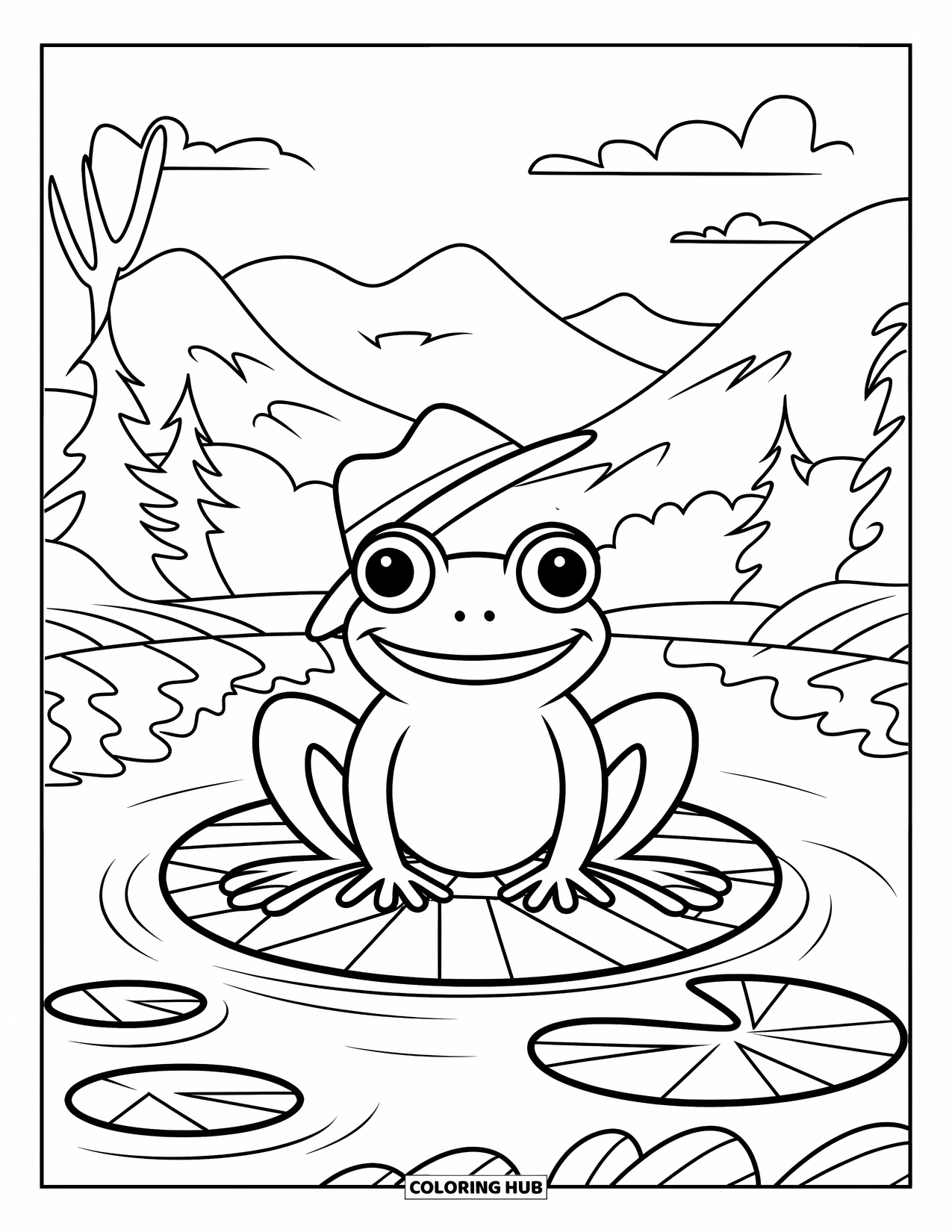 Zentangle Coloring Page for Kids: A happy frog in a hat rests on a lily pad under a cloudy sky