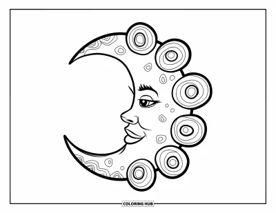 Zentangle-fargeleggingsark for barn: En glad måne med krøllede mønstre skinner med en enkel, gledelig stil