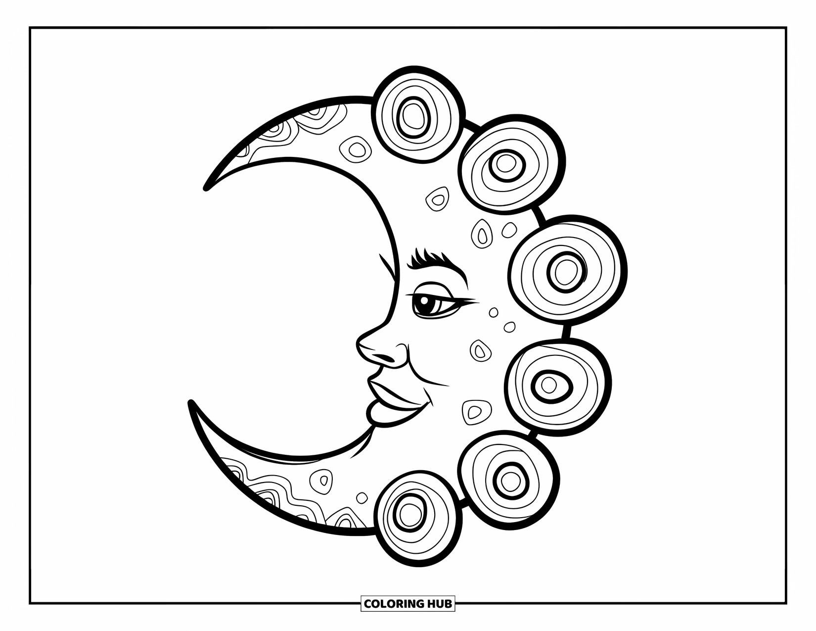 Zentangle Coloring Page for Kids: A happy moon with curled patterns shines with a simple, joyful style