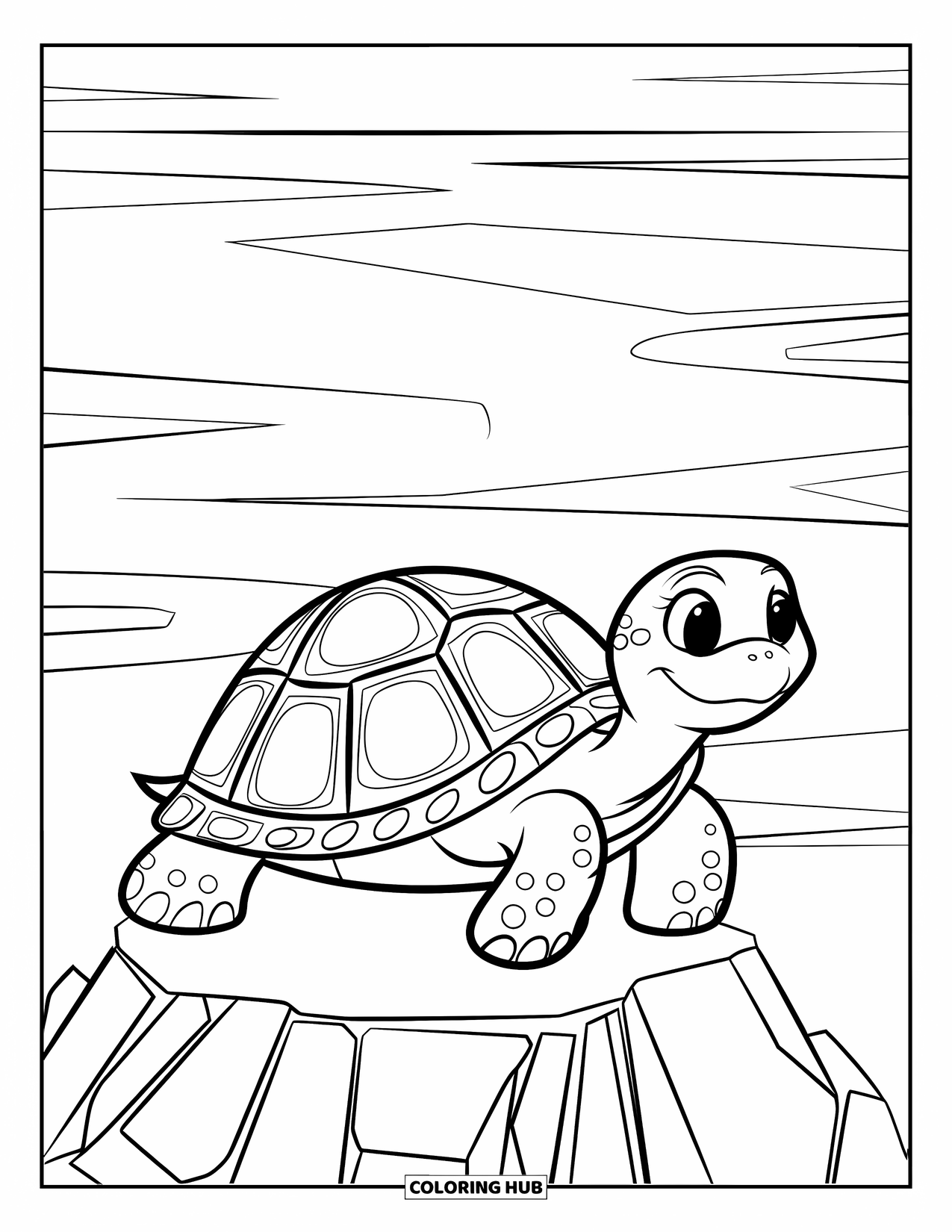Zentangle Coloring Page for Kids: A happy turtle with dots and lines rests peacefully on a calm rock