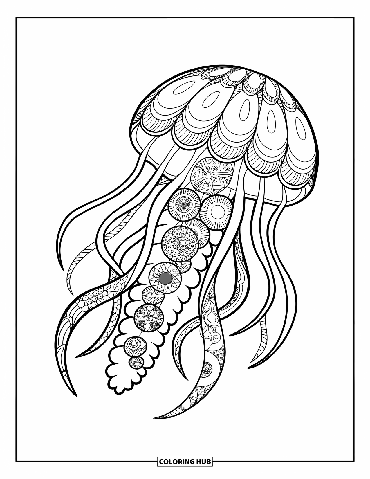 Zentangle Coloring Page for Kids: A jellyfish with swirling tentacles floats in a peaceful white space