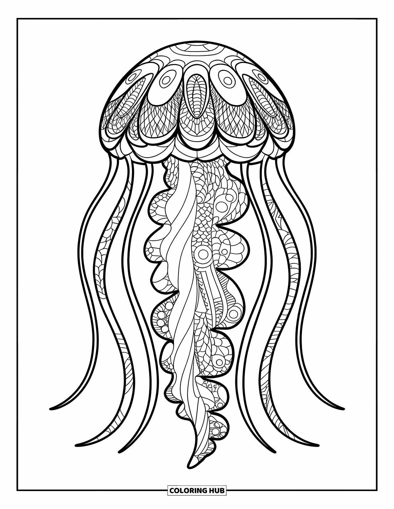 Zentangle Coloring Page for Kids: A large jellyfish floats with patterned tentacles trailing below