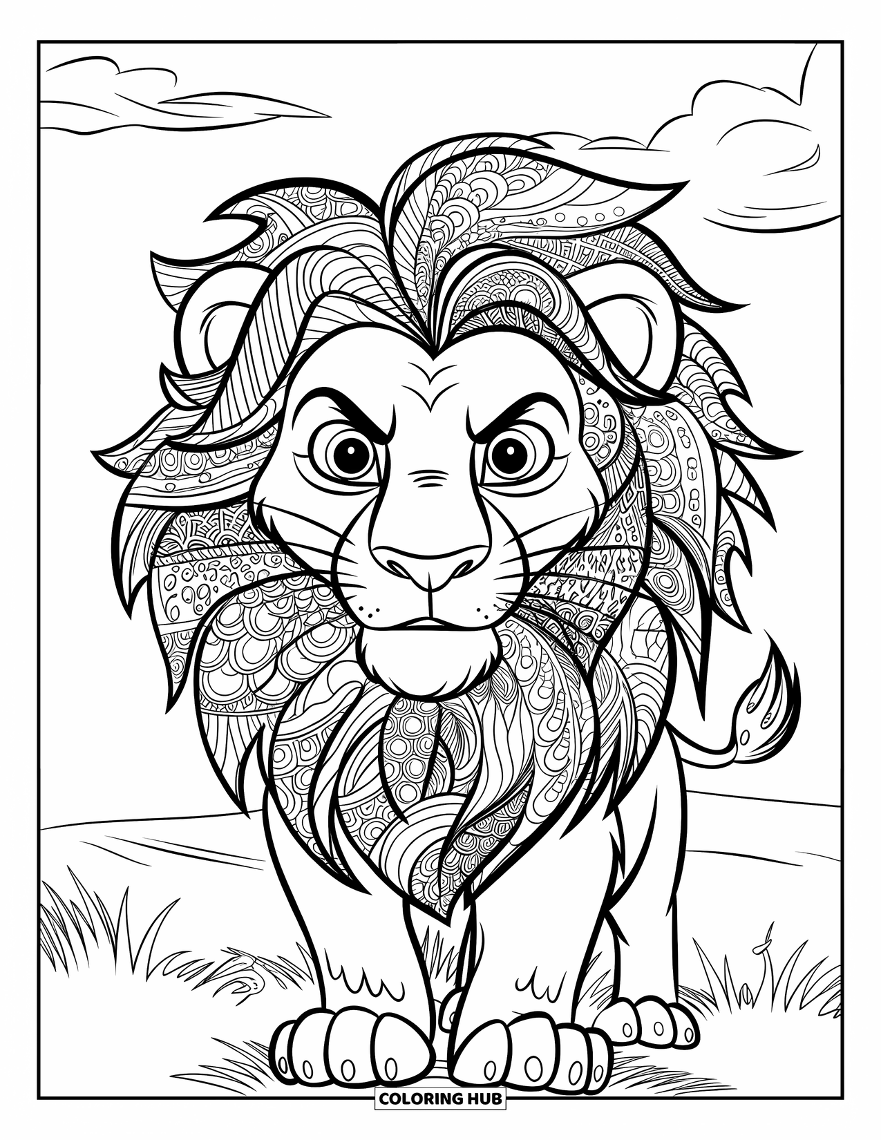 Zentangle Coloring Page for Kids: A lion stands on grass with a bold mane of zentangle waves