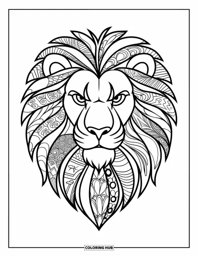 Zentangle-fargeleggingsark for barn: En løves bølgende mane er laget helt av zentangle-bølger
