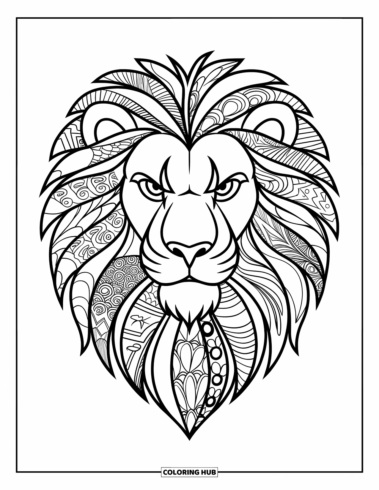 Zentangle Coloring Page for Kids: A lion's flowing mane is made entirely of zentangle waves