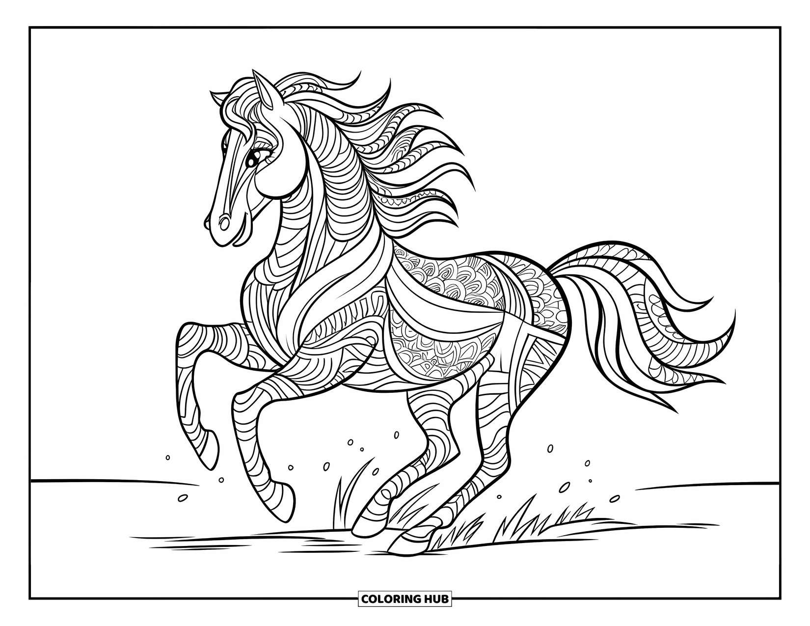 Zentangle Coloring Page for Kids: A lively horse with a patterned mane and tail gallops through open space