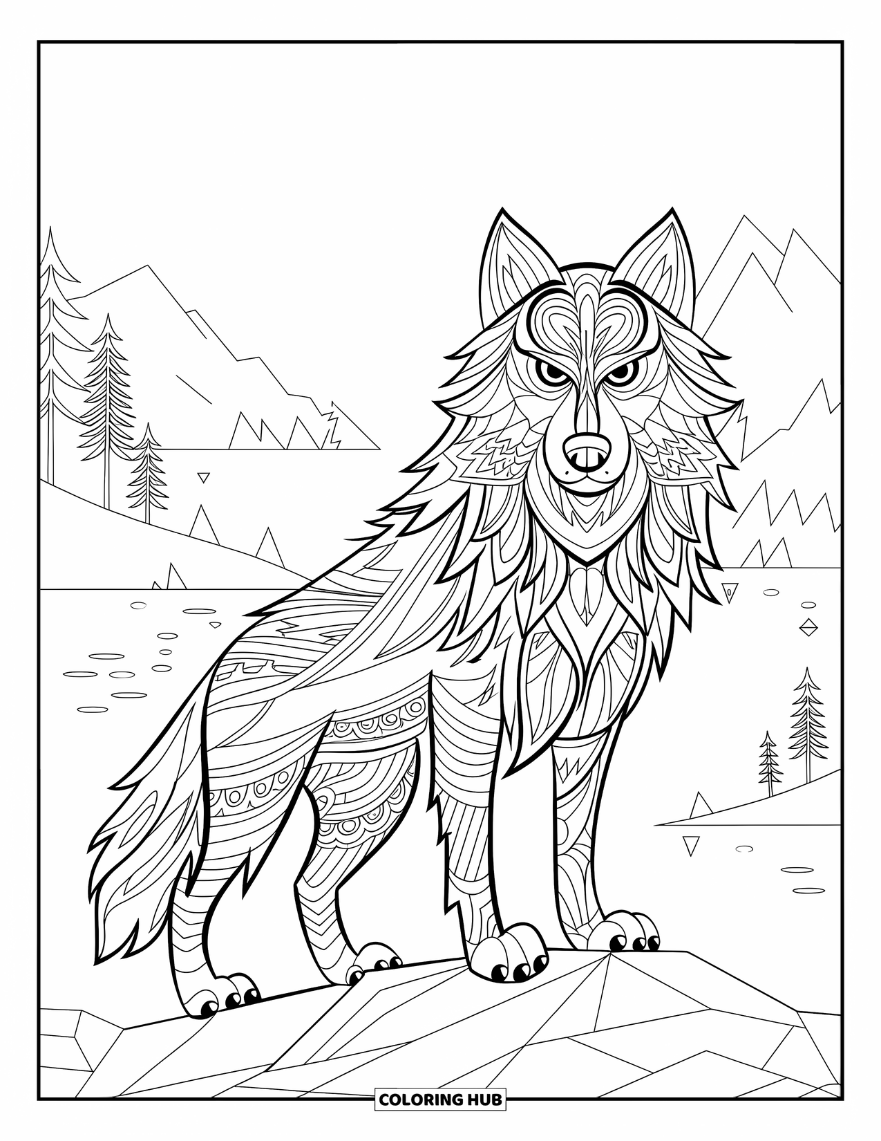 Zentangle Coloring Page for Kids: A majestic wolf stands on rocks with fur made of flowing patterns