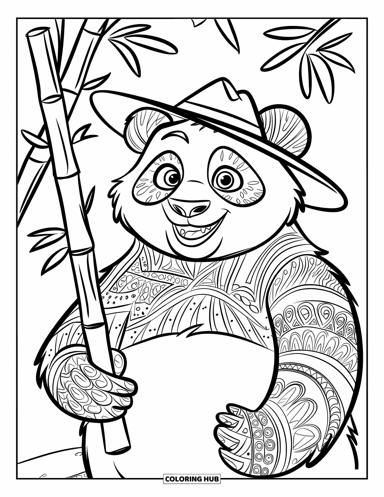 Zentangle Coloring Page for Kids: A panda in a patterned hat holds bamboo with a sweet smile