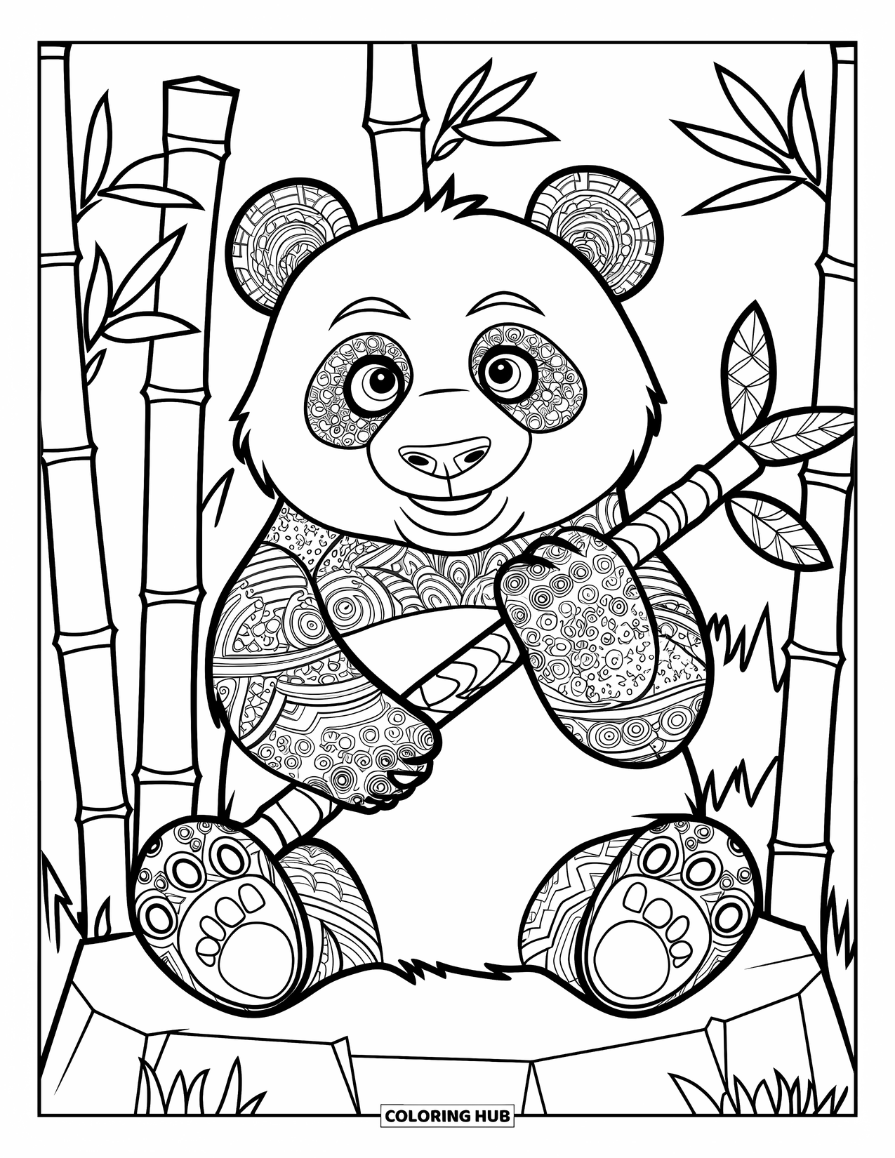 Zentangle Coloring Page for Kids: A panda sits on a rock holding bamboo, surrounded by striped patterns