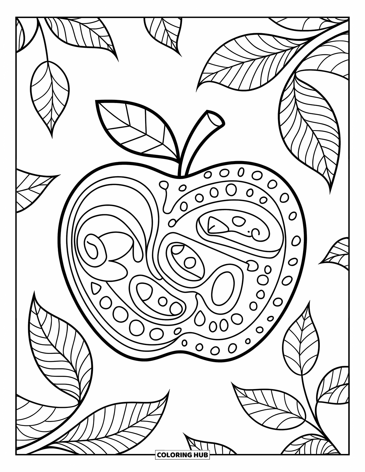 Zentangle Coloring Page for Kids: A patterned apple sits among leafy branches with bold loops and dots