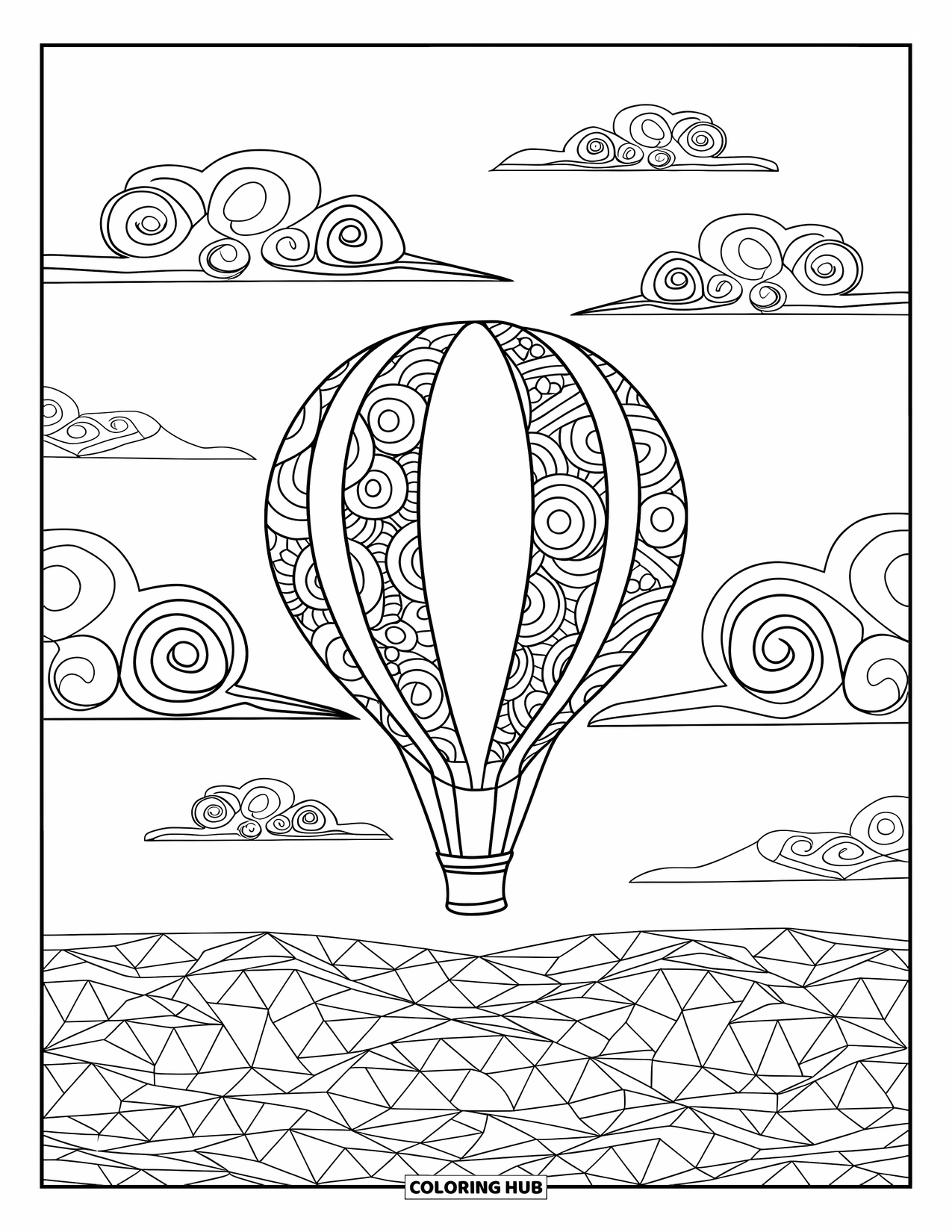 Zentangle Coloring Page for Kids: A patterned balloon floats above swirly clouds and triangle-filled ground
