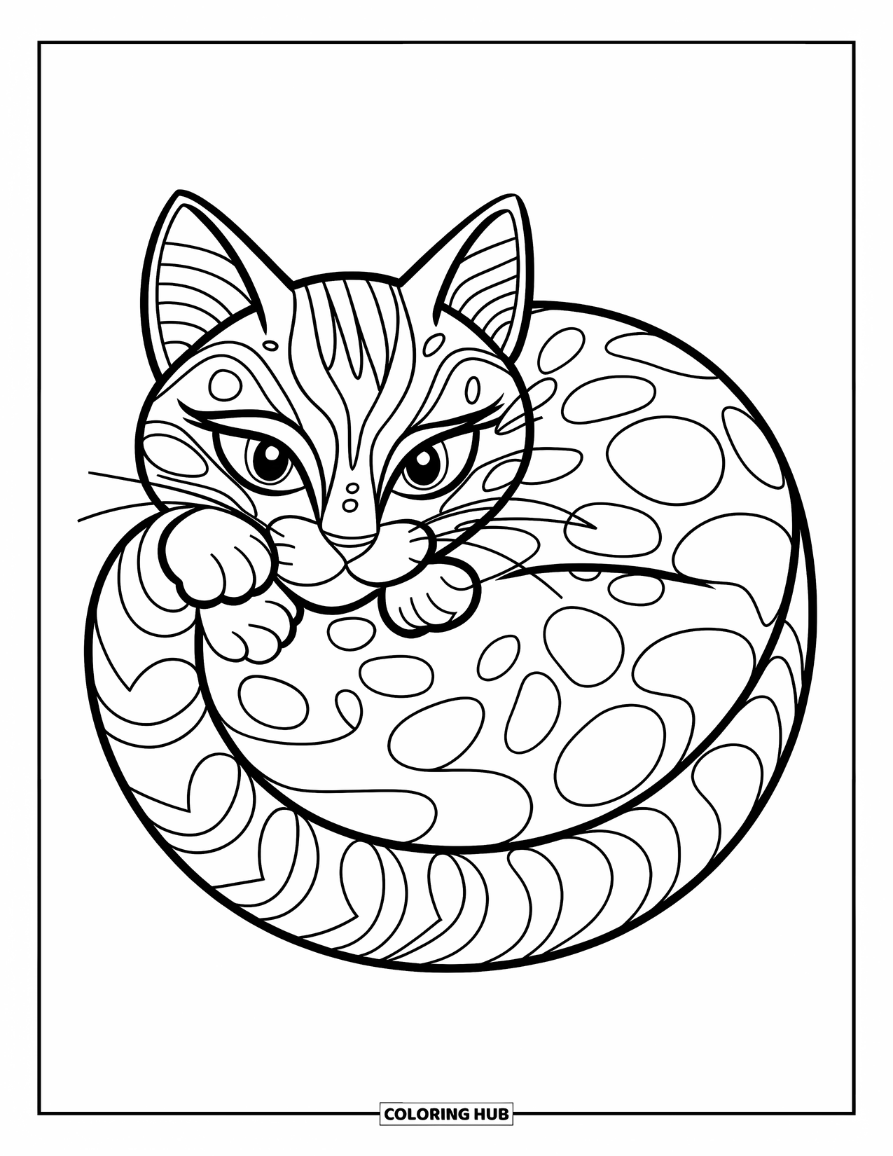 Zentangle Coloring Page for Kids: A patterned cat curls up in a cozy ball with gentle fur lines