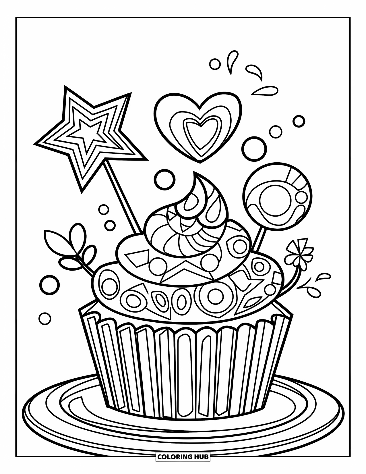 Zentangle Coloring Page for Kids: A patterned cupcake with playful toppings and sprinkles rests on a plate