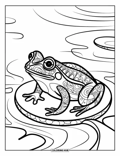 Zentangle-fargeleggingsark for barn: En mønstret frosk smiler fra et vannliljehode omgitt av riplende vann