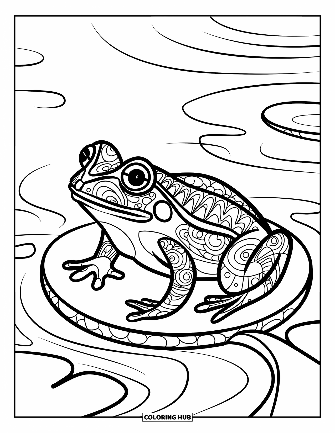 Zentangle Coloring Page for Kids: A patterned frog smiles from a lily pad surrounded by rippling water