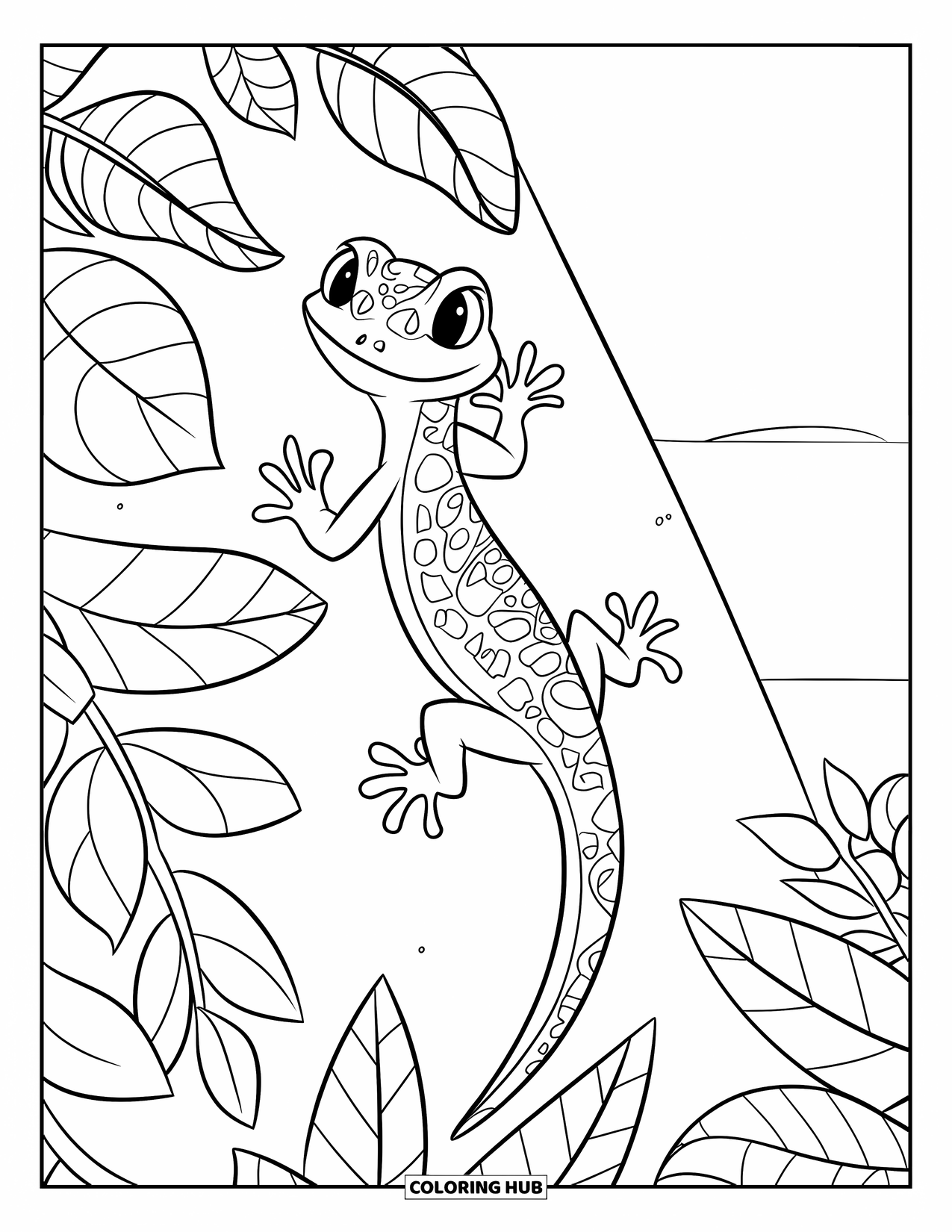 Zentangle Coloring Page for Kids: A patterned gecko climbs leafy walls with bold spots and a playful pose