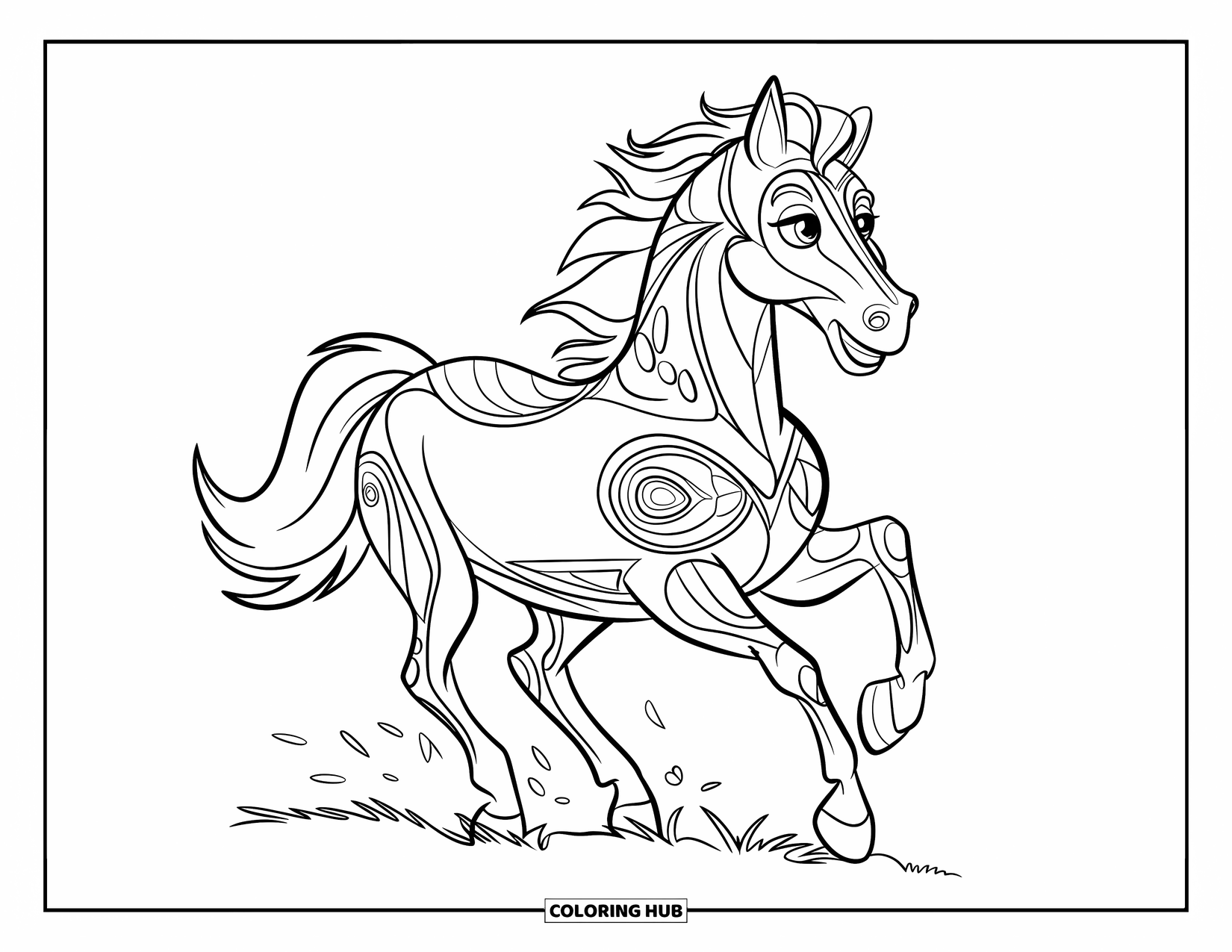 Zentangle Coloring Page for Kids: A patterned horse gallops freely with flowing mane and bold details