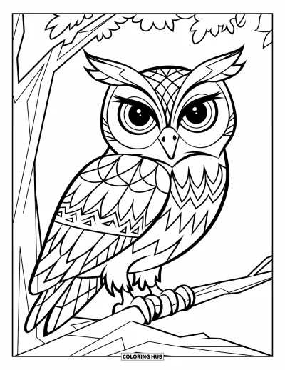 Zentangle-fargeleggingsark for barn: En mønstret ugle hviler på en gren i et stille hvitt rom