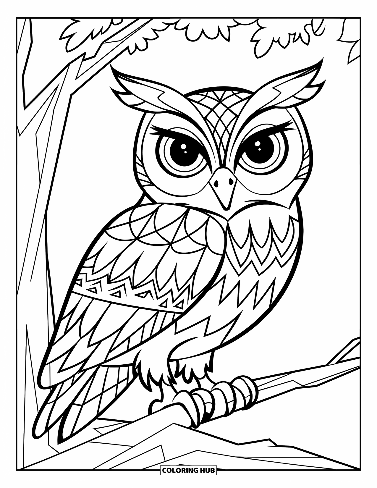 Zentangle Coloring Page for Kids: A patterned owl rests on a branch in a quiet white space