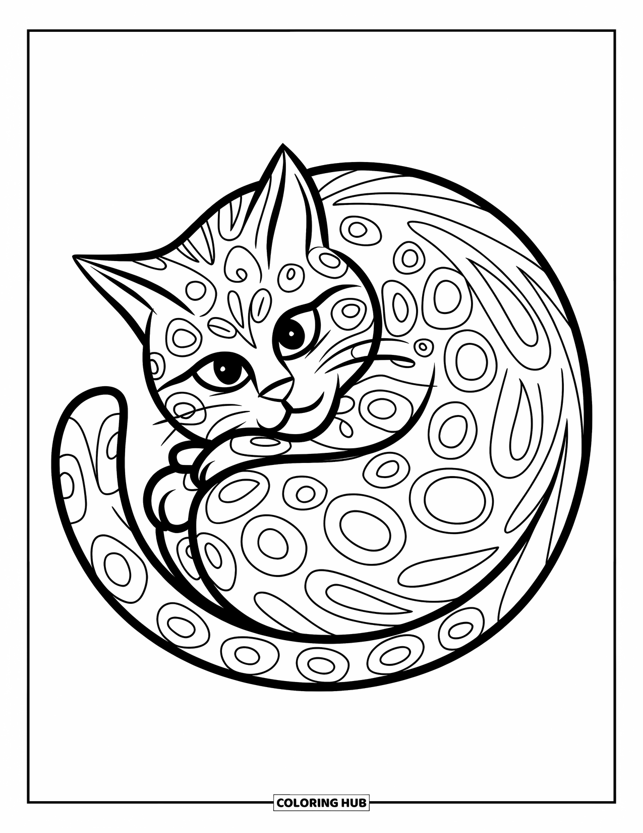 Zentangle Coloring Page for Kids: A peaceful cat curls into a cozy ball with swirling fur