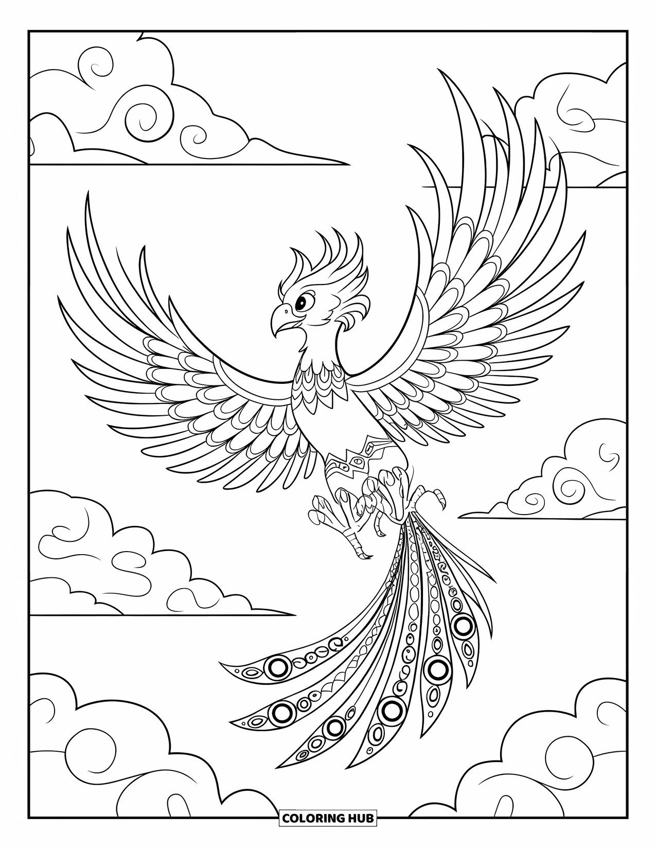 Zentangle Coloring Page for Kids: A phoenix glides through clouds with patterned wings and flowing tail