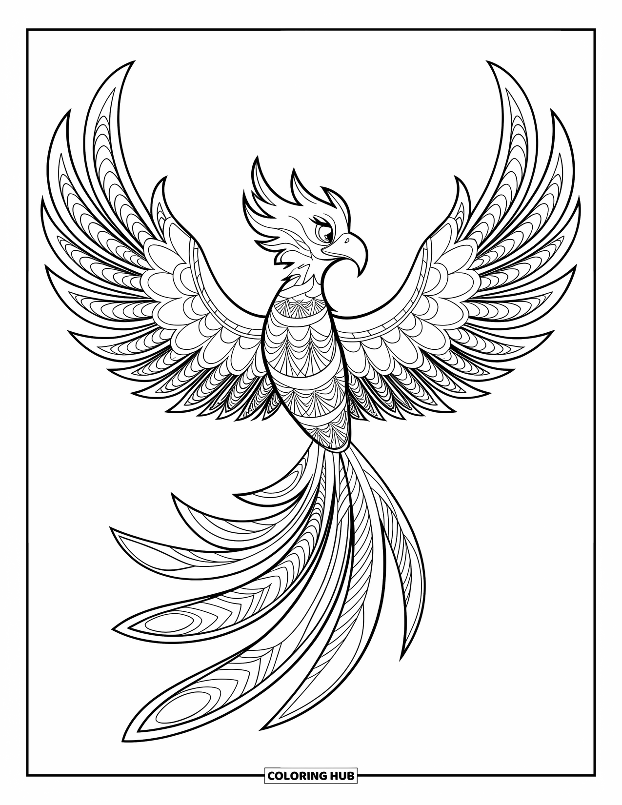 Zentangle Coloring Page for Kids: A phoenix with intricate, fiery wings soars through white space